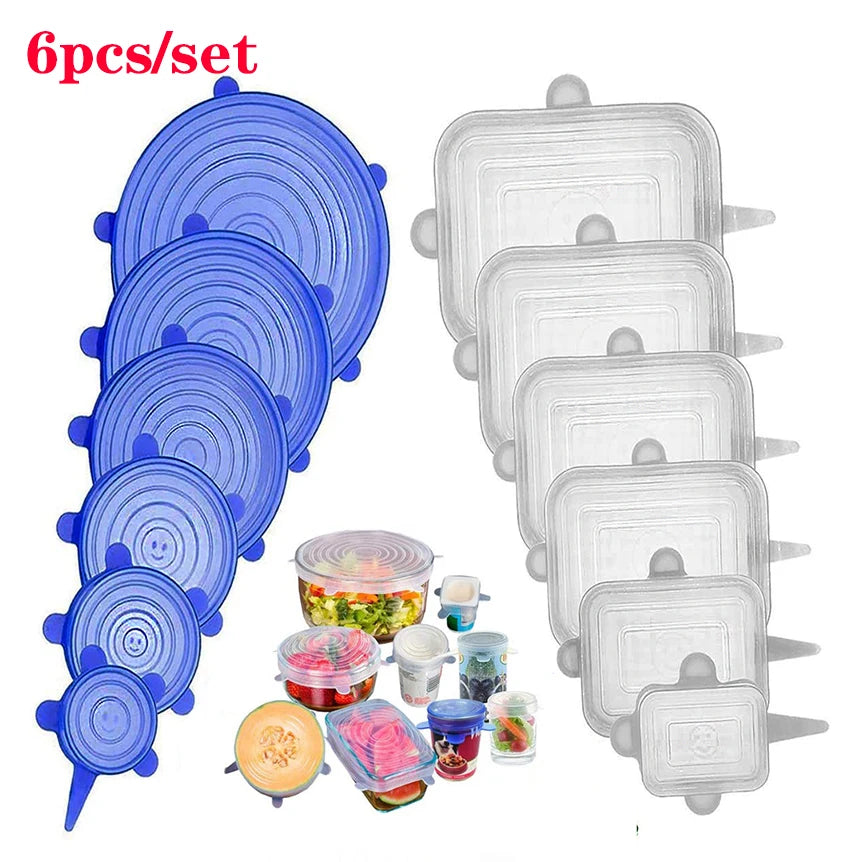 6Pcs/Set Silicone Covers Adaptable Silicone Lids Silicone Caps for Food Universal Dish Stretch Lids for Cans Kitchen Accessories