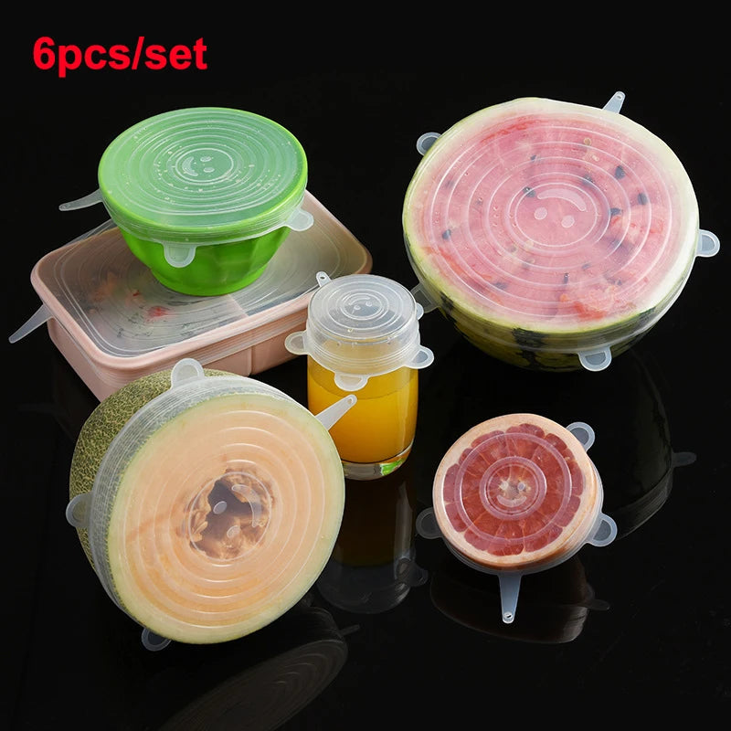 6Pcs/Set Silicone Covers Adaptable Silicone Lids Silicone Caps for Food Universal Dish Stretch Lids for Cans Kitchen Accessories